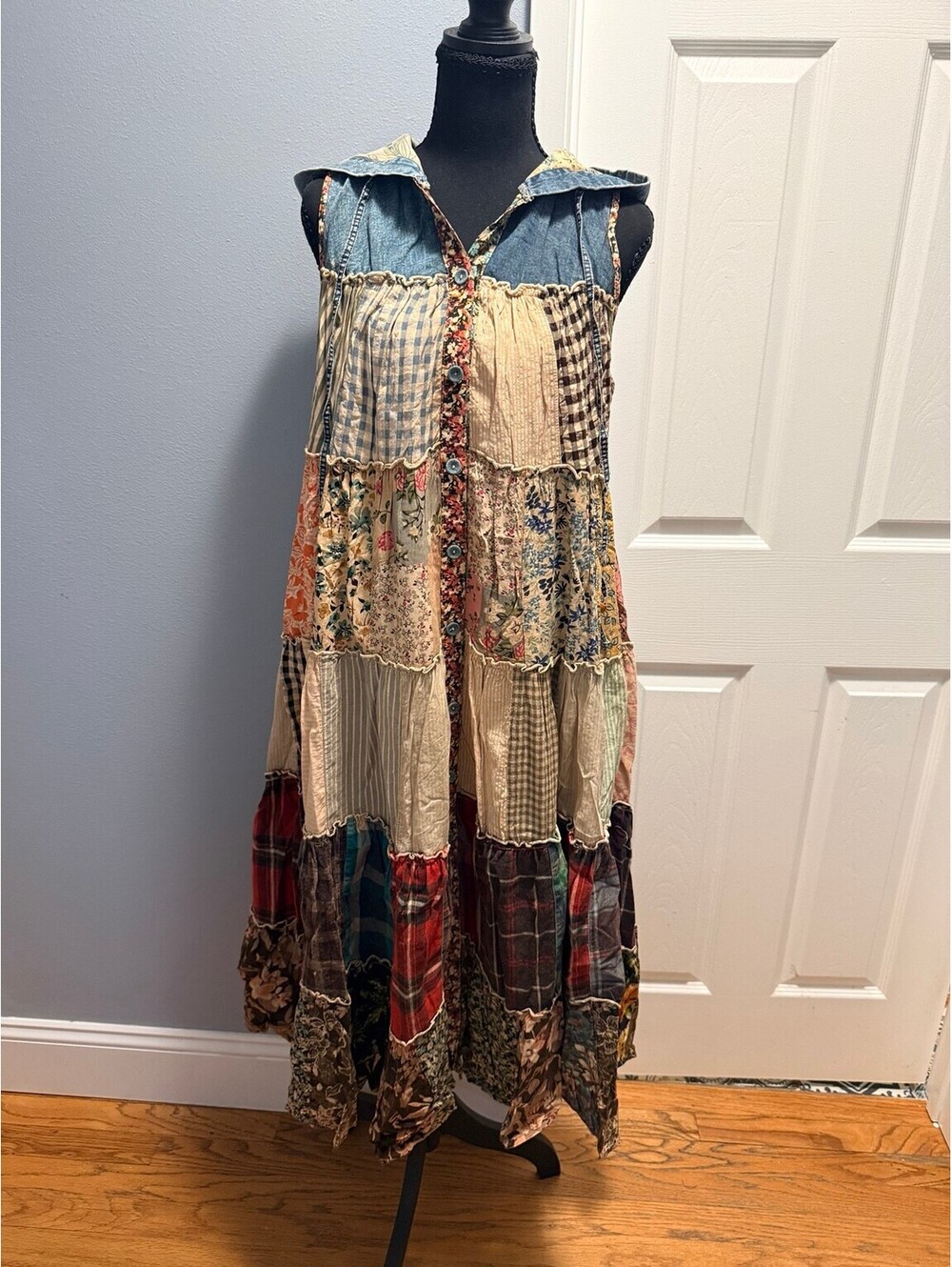 YOUNG THREADS Patchwork Hooded Maxi Duster Dress Denim Boho NWT XL